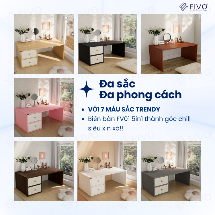 Bàn Trang Điểm Gỗ Ngồi Bệt Có Ngăn Kéo FV01 FIVO, Linh Hoạt Làm Bàn Học Bàn Trà, Không Lộ Vít Bề Mặt, Đa Dạng Bảy Màu