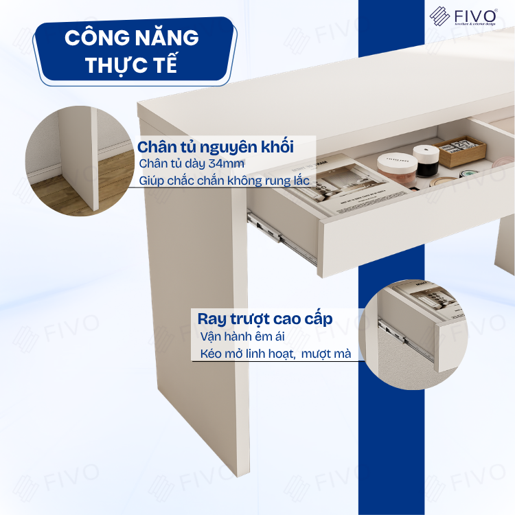 Bàn Trang Điểm Gỗ MDF Cao Cấp Có Ngăn Kéo FV41 FIVO, Kết Hợp Làm Bàn Nail Bàn Làm Việc, Gỗ Dày 34MM, Ray Trượt Mượt Mà