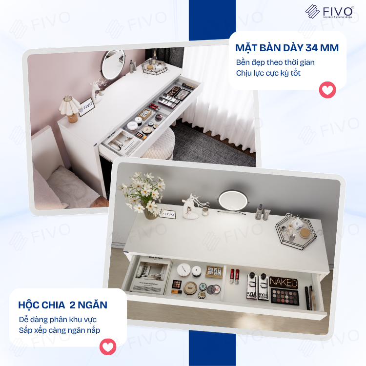 Bàn Trang Điểm Gỗ MDF Cao Cấp Có Ngăn Kéo FV41 FIVO, Kết Hợp Làm Bàn Nail Bàn Làm Việc, Gỗ Dày 34MM, Ray Trượt Mượt Mà