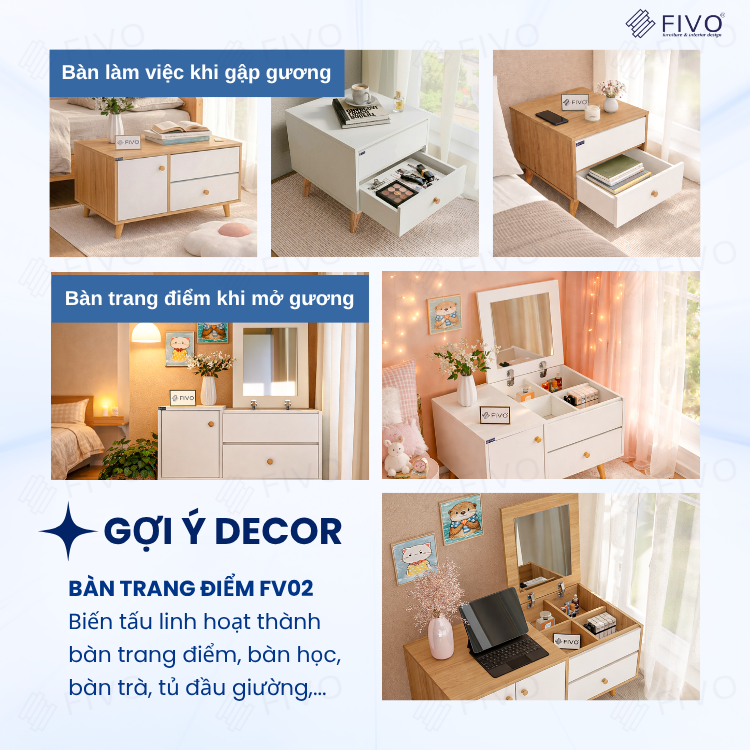 Bàn Trang Điểm Mini Ngồi Bệt Gương Gập Đa Năng FV02 FIVO, Kết Hợp Làm Bàn Học, Hộc Kéo Rộng Rãi, Thiết Kế Không Lộ Vít