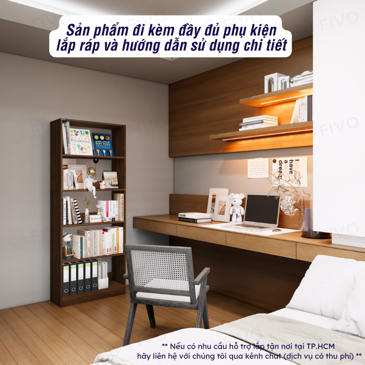 Kệ Sách Gỗ 5 Tầng FB74 FIVO, Kèm Thanh Chặn Chắc Chắn, Đa Dạng Màu Sắc