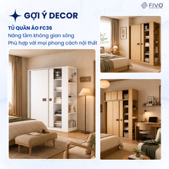 Tủ Quần Áo Gỗ Cửa Lùa FC36 FIVO, Gỗ Dày 17mm Sâu 60cm, Kèm Hệ Trang Trí, Freeship+Free Lắp Đặt, Trả Góp 0%