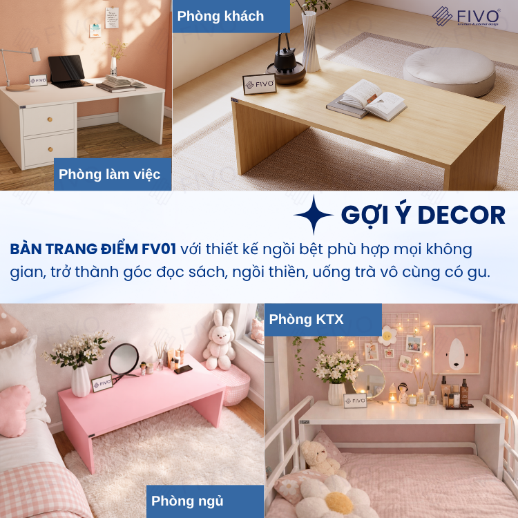 Bàn Trang Điểm Gỗ Ngồi Bệt Có Ngăn Kéo FV01 FIVO, Linh Hoạt Làm Bàn Học Bàn Trà, Không Lộ Vít Bề Mặt, Đa Dạng Bảy Màu