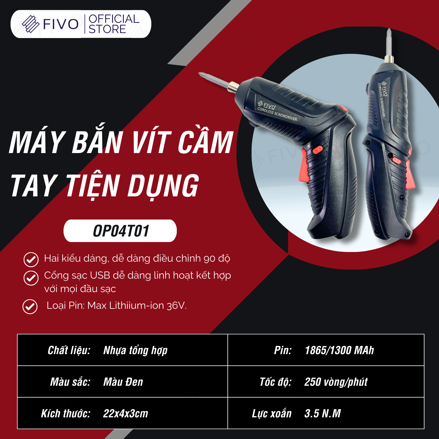 Máy Bắn Vít Cầm Tay Không Dây OP04 FIVO, Linh Động 2 Kiểu Dáng, Tặng Kèm Dây Sạc Và 1 Đầu Vít, Nhỏ Gọn Tiện Dụng