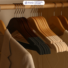 Móc Treo Quần Áo Bọc Nhung FM03 FIVO, Gỗ Tự Nhiên Bền Chắc, Có Rãnh Chống Trượt, Thanh Ngang Treo Quần, Móc thép Chịu Lực Lên Đến 5Kg