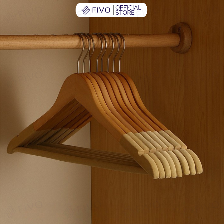 Móc Treo Quần Áo Bọc Nhung FM03 FIVO, Gỗ Tự Nhiên Bền Chắc, Có Rãnh Chống Trượt, Thanh Ngang Treo Quần, Móc thép Chịu Lực Lên Đến 5Kg