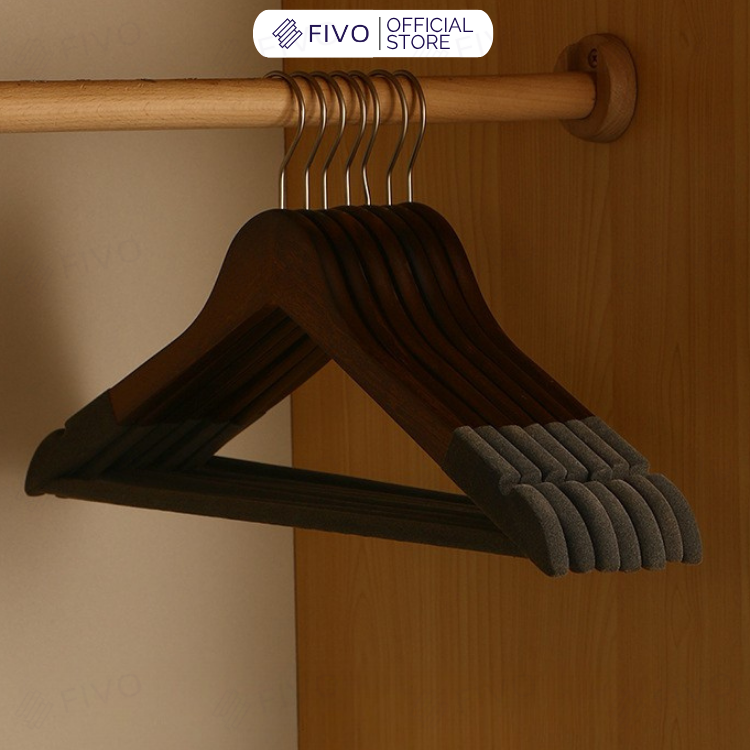 Móc Treo Quần Áo Bọc Nhung FM03 FIVO, Gỗ Tự Nhiên Bền Chắc, Có Rãnh Chống Trượt, Thanh Ngang Treo Quần, Móc thép Chịu Lực Lên Đến 5Kg