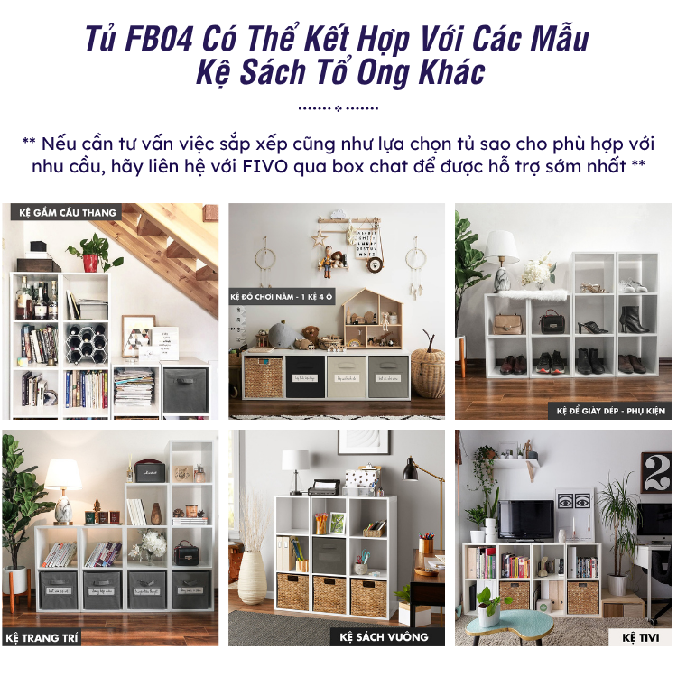 Kệ Sách Gỗ Tổ Ong FB04 FIVO 6-8 Ô, Tấm Lưng Chắc Chắn, Hộc Tủ Rộng Rãi, Gia Công Tỉ Mĩ, Decor Đẹp