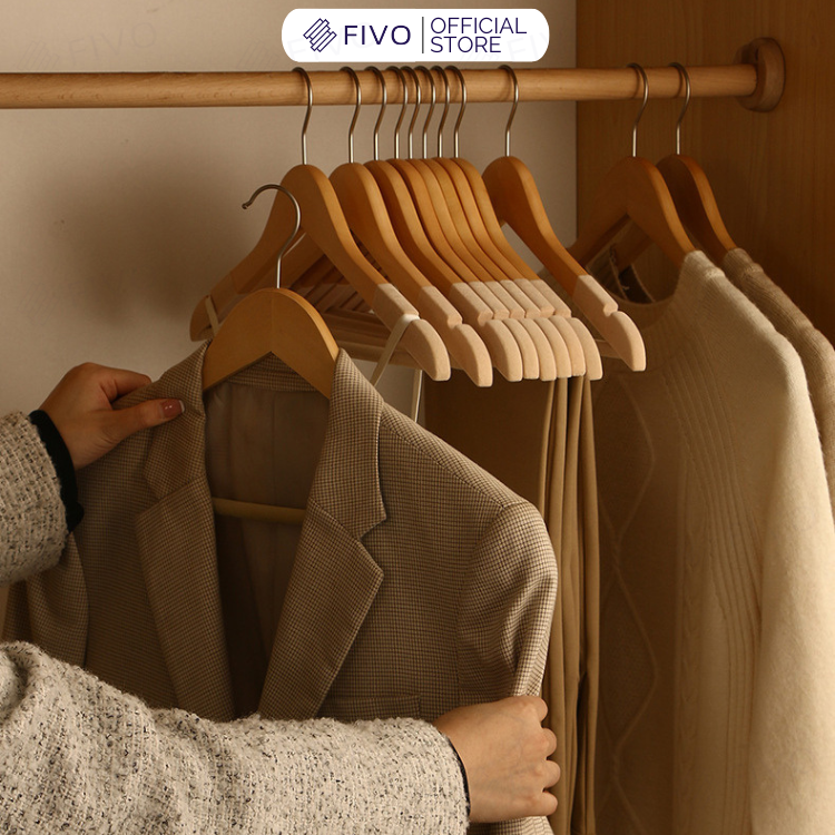 Móc Treo Quần Áo Bọc Nhung FM03 FIVO, Gỗ Tự Nhiên Bền Chắc, Có Rãnh Chống Trượt, Thanh Ngang Treo Quần, Móc thép Chịu Lực Lên Đến 5Kg