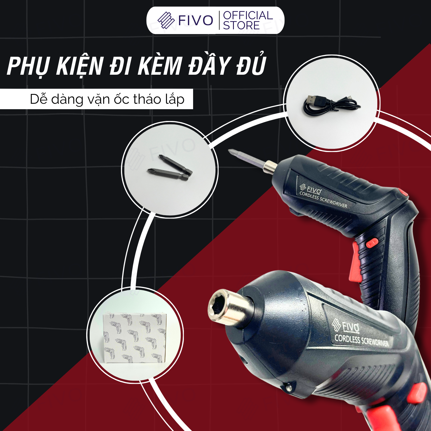 Máy Bắn Vít Cầm Tay Không Dây OP04 FIVO, Linh Động 2 Kiểu Dáng, Tặng Kèm Dây Sạc Và 1 Đầu Vít, Nhỏ Gọn Tiện Dụng