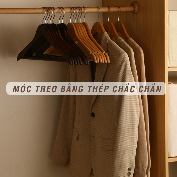 Móc Treo Quần Áo Bọc Nhung FM03 FIVO, Gỗ Tự Nhiên Bền Chắc, Có Rãnh Chống Trượt, Thanh Ngang Treo Quần, Móc thép Chịu Lực Lên Đến 5Kg