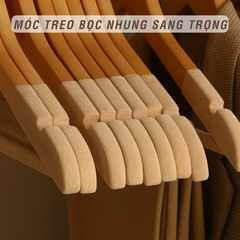 Móc Treo Quần Áo Bọc Nhung FM03 FIVO, Gỗ Tự Nhiên Bền Chắc, Có Rãnh Chống Trượt, Thanh Ngang Treo Quần, Móc thép Chịu Lực Lên Đến 5Kg