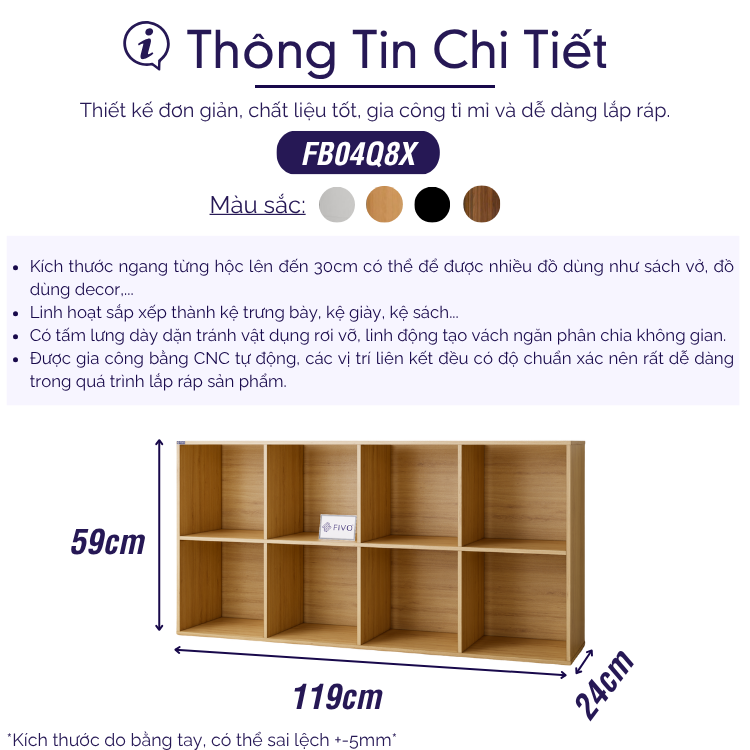 Kệ Sách Gỗ Tổ Ong FB04 FIVO 6-8 Ô, Tấm Lưng Chắc Chắn, Hộc Tủ Rộng Rãi, Gia Công Tỉ Mĩ, Decor Đẹp