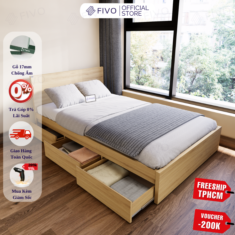 Giường Ngủ Gỗ MDF Chống Ẩm FN03 FIVO, Giường Đôi Cao Cấp Có 3 Ngăn Kéo Tiện Lợi, Nhiều Kích Thước, Free Lắp Đặt + Freeship TPHCM, Trả Góp 0%