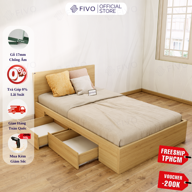 Giường Ngủ Gỗ MDF Chống Ẩm FN02 FIVO, Giường Đôi Cao Cấp Có 2 Ngăn Kéo Đựng Đồ, Nhiều Kích Thước, Freeship TPHCM