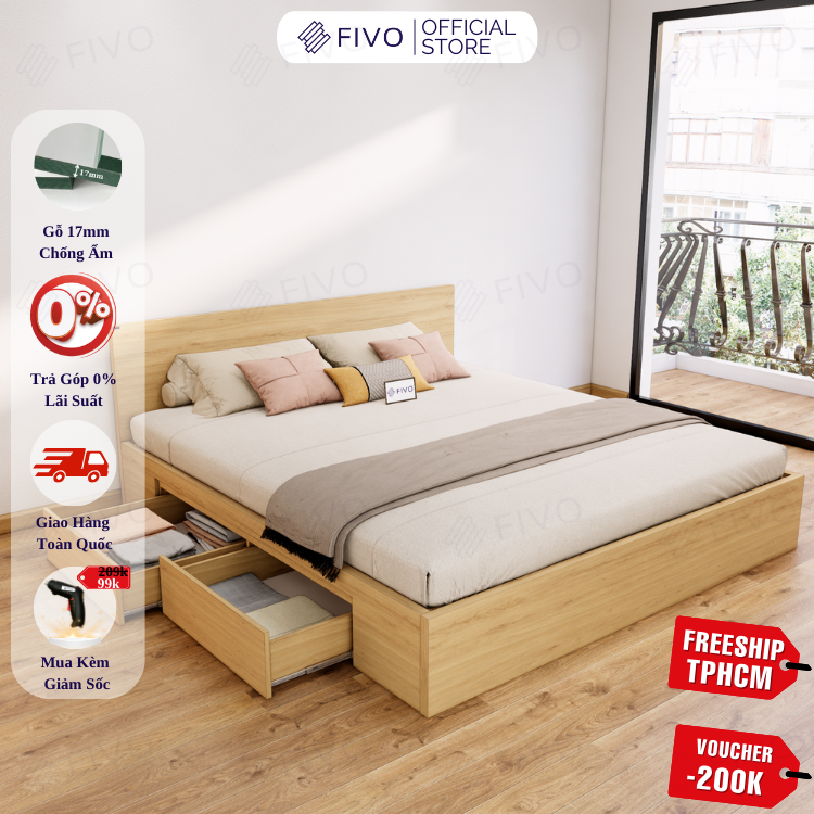 Giường Ngủ Gỗ MDF Chống Ẩm FN02 FIVO, Giường Đôi Cao Cấp Có 2 Ngăn Kéo Đựng Đồ, Nhiều Kích Thước, Freeship TPHCM