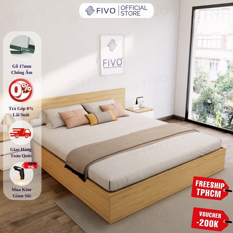 Giường Ngủ Gỗ FN01 FIVO, Đa Dạng Kích Thước & Màu Sắc, Freeship + Free lắp đặt