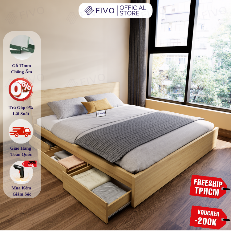 Giường Ngủ Gỗ MDF Chống Ẩm FN03 FIVO, Giường Đôi Cao Cấp Có 3 Ngăn Kéo Tiện Lợi, Nhiều Kích Thước, Free Lắp Đặt + Freeship TPHCM, Trả Góp 0%