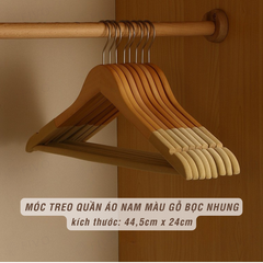 Móc Treo Quần Áo Bọc Nhung FM03 FIVO, Gỗ Tự Nhiên Bền Chắc, Có Rãnh Chống Trượt, Thanh Ngang Treo Quần, Móc thép Chịu Lực Lên Đến 5Kg