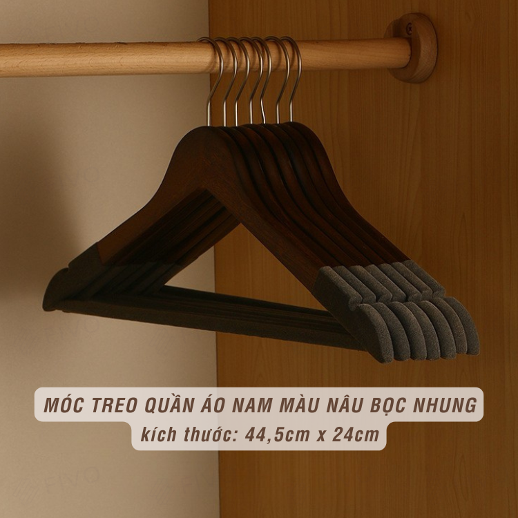 Móc Treo Quần Áo Bọc Nhung FM03 FIVO, Gỗ Tự Nhiên Bền Chắc, Có Rãnh Chống Trượt, Thanh Ngang Treo Quần, Móc thép Chịu Lực Lên Đến 5Kg