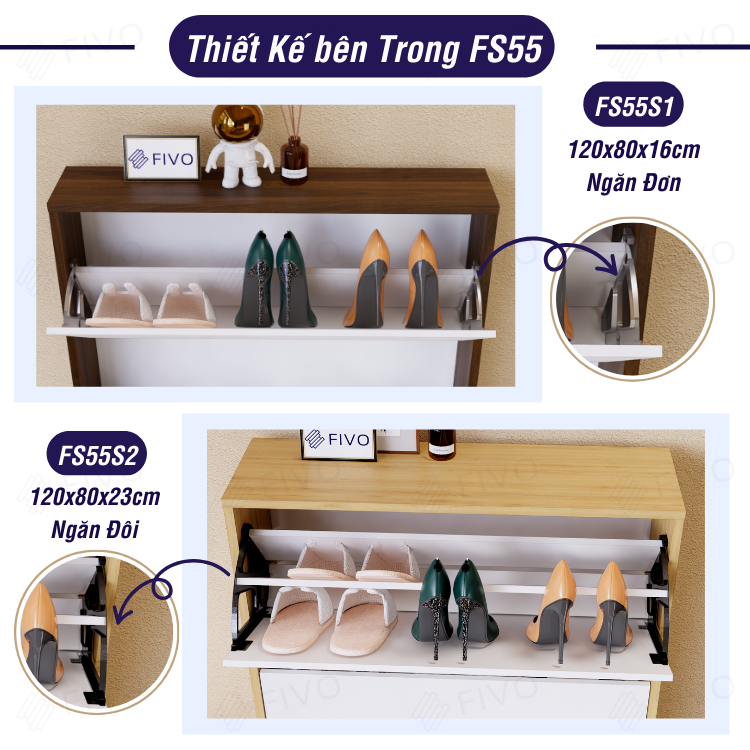 Tủ Gỗ Đựng Giày Cửa Lật Thông Minh FS55 FIVO, 3 Tầng Đa Năng, Tiết Kiệm Diện Tích