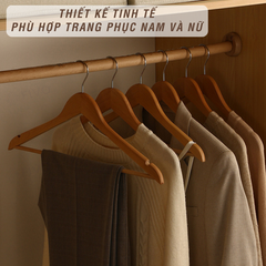 Móc Treo Quần Áo Bọc Nhung FM03 FIVO, Gỗ Tự Nhiên Bền Chắc, Có Rãnh Chống Trượt, Thanh Ngang Treo Quần, Móc thép Chịu Lực Lên Đến 5Kg