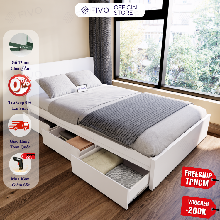 Giường Ngủ Gỗ MDF Chống Ẩm FN03 FIVO, Giường Đôi Cao Cấp Có 3 Ngăn Kéo Tiện Lợi, Nhiều Kích Thước, Free Lắp Đặt + Freeship TPHCM, Trả Góp 0%