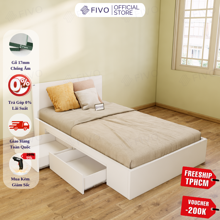 Giường Ngủ Gỗ MDF Chống Ẩm FN02 FIVO, Giường Đôi Cao Cấp Có 2 Ngăn Kéo Đựng Đồ, Nhiều Kích Thước, Freeship TPHCM