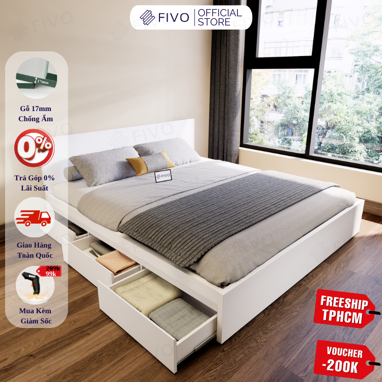 Giường Ngủ Gỗ MDF Chống Ẩm FN03 FIVO, Giường Đôi Cao Cấp Có 3 Ngăn Kéo Tiện Lợi, Nhiều Kích Thước, Free Lắp Đặt + Freeship TPHCM, Trả Góp 0%