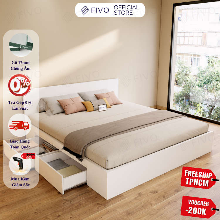 Giường Ngủ Gỗ MDF Chống Ẩm FN02 FIVO, Giường Đôi Cao Cấp Có 2 Ngăn Kéo Đựng Đồ, Nhiều Kích Thước, Freeship TPHCM