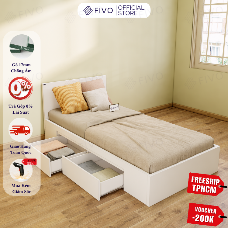Giường Ngủ Gỗ MDF Chống Ẩm FN02 FIVO, Giường Đôi Cao Cấp Có 2 Ngăn Kéo Đựng Đồ, Nhiều Kích Thước, Freeship TPHCM