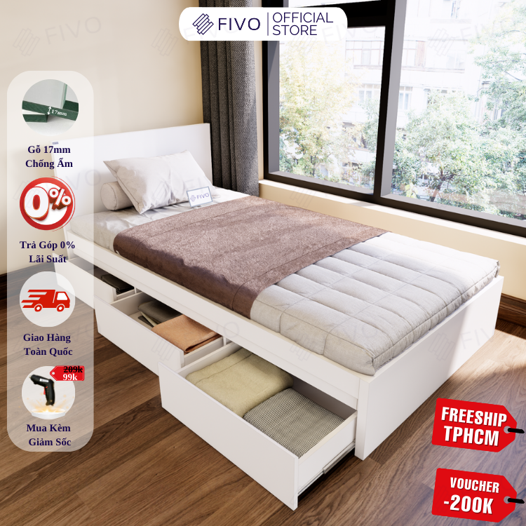 Giường Ngủ Gỗ MDF Chống Ẩm FN03 FIVO, Giường Đôi Cao Cấp Có 3 Ngăn Kéo Tiện Lợi, Nhiều Kích Thước, Free Lắp Đặt + Freeship TPHCM, Trả Góp 0%