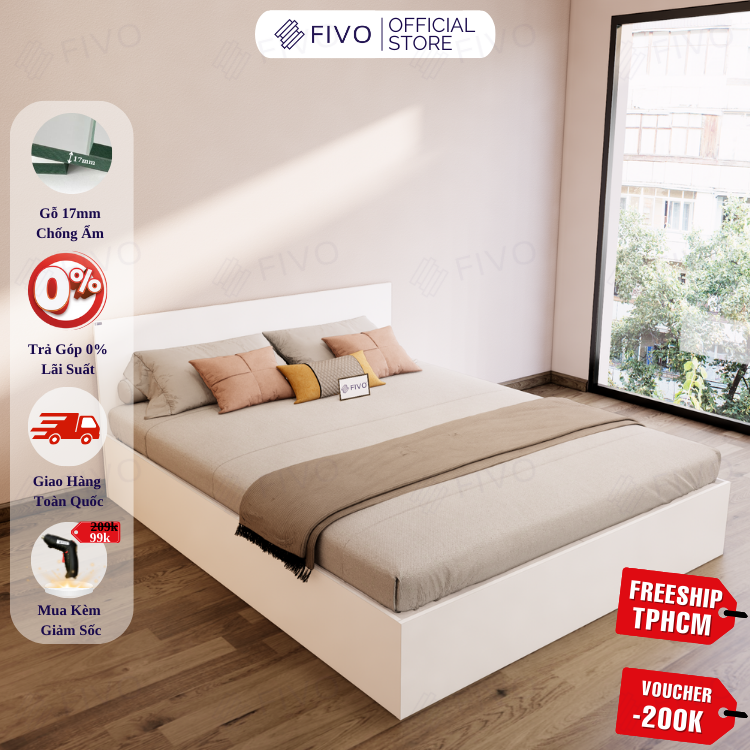 Giường Ngủ Gỗ FN01 FIVO, Đa Dạng Kích Thước & Màu Sắc, Freeship + Free lắp đặt