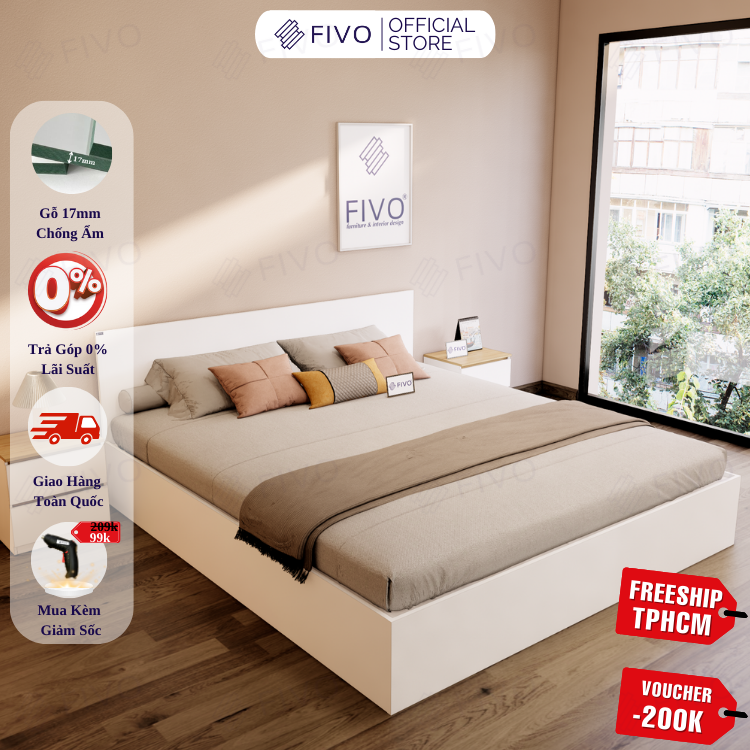 Giường Ngủ Gỗ FN01 FIVO, Đa Dạng Kích Thước & Màu Sắc, Freeship + Free lắp đặt