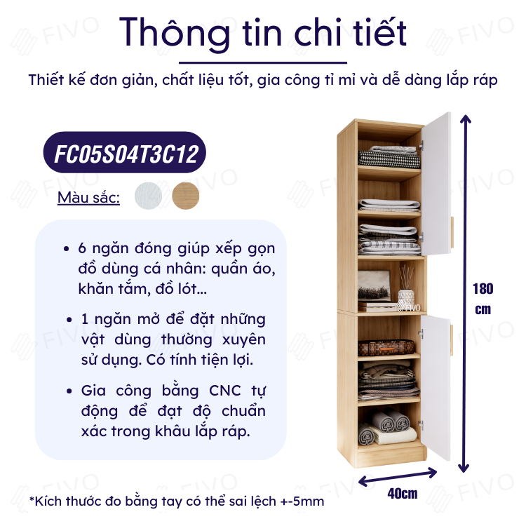 Tủ Quần Áo Gỗ Nhỏ Gọn FC05 FIVO, MDF Chống Ẩm Có Hộc Tiện Lợi, Phù Hợp Phòng Nhỏ, Freeship TPHCM