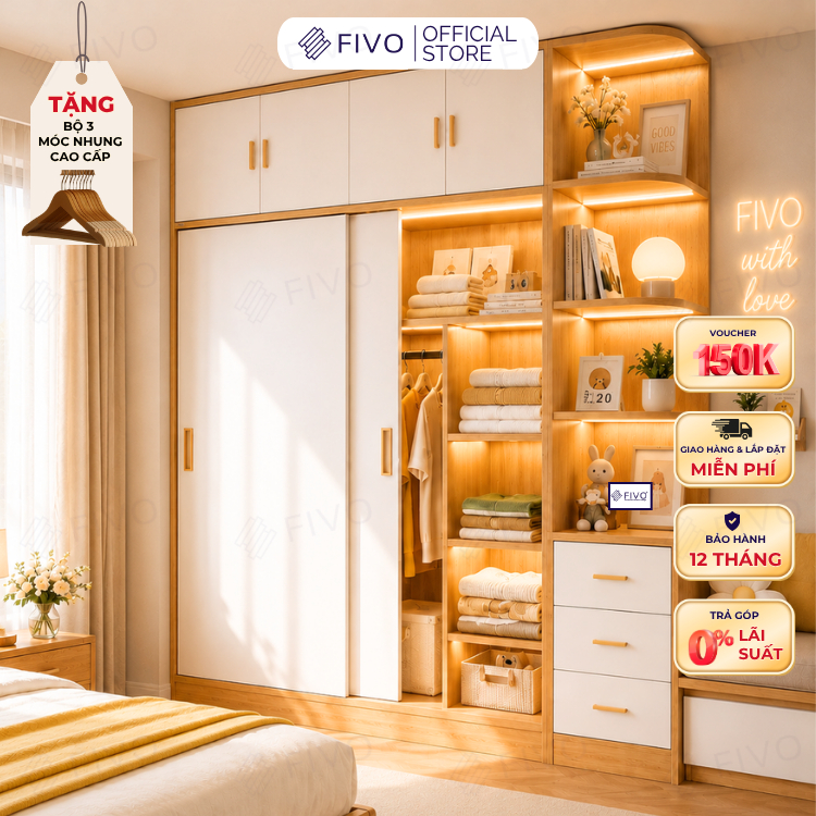 Tủ Gỗ Quần Áo Cửa Lùa Cao Cấp FC32 FIVO, Gỗ Dày 17mm, Kèm Hệ Tủ Tiện Lợi, Ngăn Kéo Sâu 60cm, Freeship+Free lắp đặt, Trả