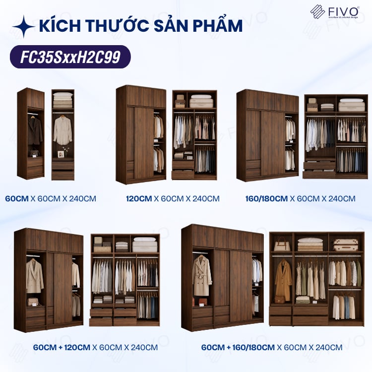 Tủ Gỗ Quần Áo Cửa Lùa Cao Cấp FC35 FIVO, Gỗ Dày 17mm, Kèm Ngăn Kéo Sâu 60cm, Freeship+Free lắp đặt, Trả Góp 0%