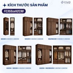 Tủ Gỗ Quần Áo Cửa Lùa Cao Cấp FC35 FIVO, Gỗ Dày 17mm, Kèm Ngăn Kéo Sâu 60cm, Freeship+Free lắp đặt, Trả Góp 0%
