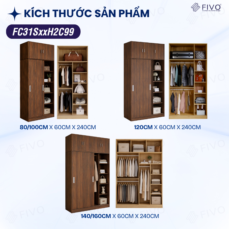 Tủ Áo Quần Cửa Trượt FIVO FC31 Gỗ Chống Ẩm, Màu Walnut Ấm Cúng Cho Phòng Ngủ, Trả Góp 0%, Freeship + Free lắp đặt