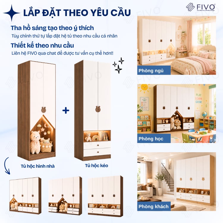 Tủ Gỗ Đựng Quần Áo Trẻ Em Cao Cấp FC03 FIVO, Tủ Sâu 60cm, Thiết Kế Hình Ngôi Nhà Độc Đáo, Freeship+Free lắp đặt, Trả Góp