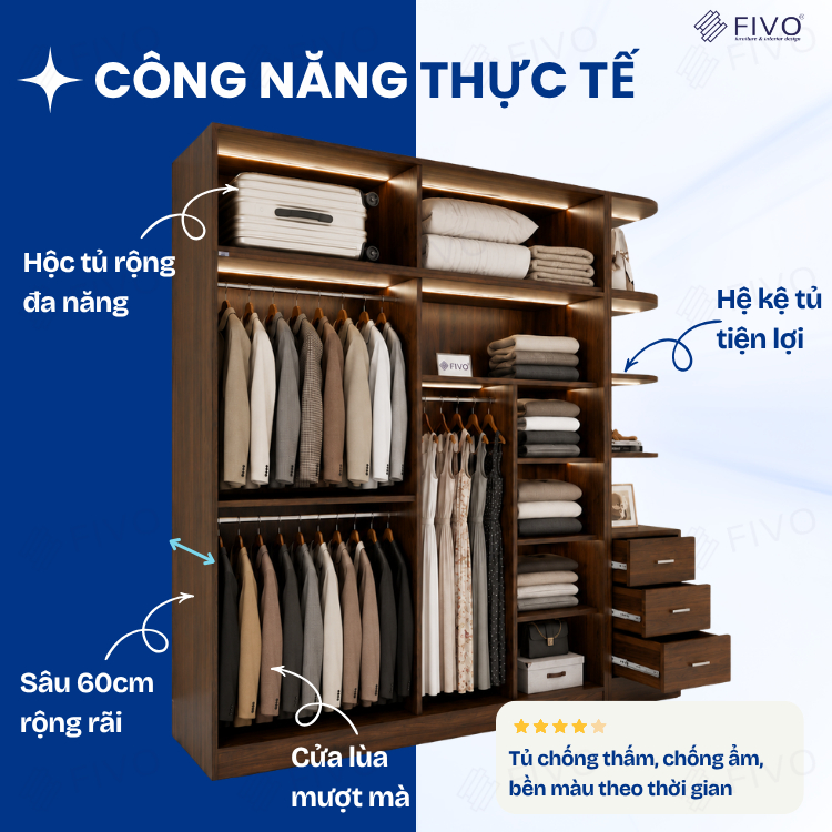 Tủ Gỗ Quần Áo Cửa Lùa Cao Cấp FC32 FIVO, Gỗ Dày 17mm, Kèm Hệ Tủ Tiện Lợi, Ngăn Kéo Sâu 60cm, Freeship+Free lắp đặt, Trả