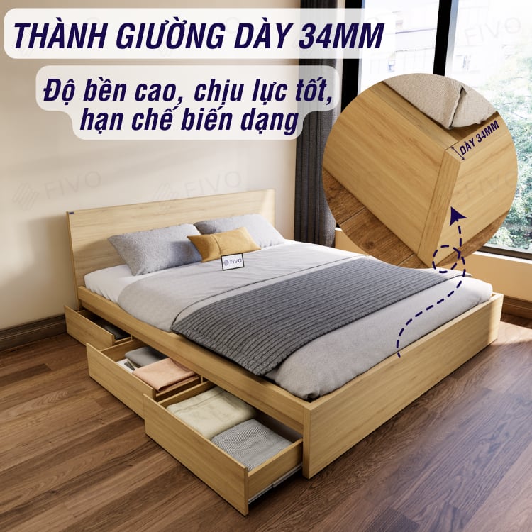 Giường Ngủ Gỗ MDF Chống Ẩm FN03 FIVO, Giường Đôi Cao Cấp Có 3 Ngăn Kéo Tiện Lợi, Nhiều Kích Thước, Free Lắp Đặt + Freeship TPHCM, Trả Góp 0%
