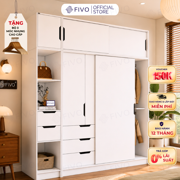 Tủ Gỗ Quần Áo Cửa Lùa Cao Cấp FC33 FIVO, Gỗ Dày 17mm, Kèm Hệ Kệ Trang Trí Sâu 60cm, Freeship+Free lắp đặt, Trả Góp 0%