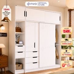 Tủ Gỗ Quần Áo Cửa Lùa Cao Cấp FC33 FIVO, Gỗ Dày 17mm, Kèm Hệ Kệ Trang Trí Sâu 60cm, Freeship+Free lắp đặt, Trả Góp 0%