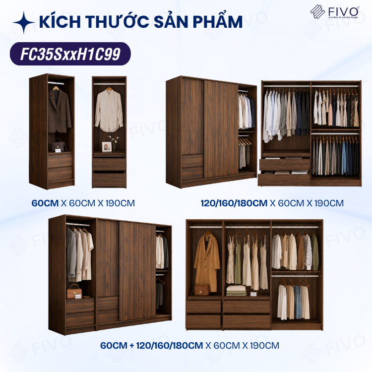 Tủ Gỗ Quần Áo Cửa Lùa Cao Cấp FC35 FIVO, Gỗ Dày 17mm, Kèm Ngăn Kéo Sâu 60cm, Freeship+Free lắp đặt, Trả Góp 0%