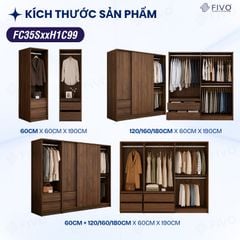 Tủ Gỗ Quần Áo Cửa Lùa Cao Cấp FC35 FIVO, Gỗ Dày 17mm, Kèm Ngăn Kéo Sâu 60cm, Freeship+Free lắp đặt, Trả Góp 0%