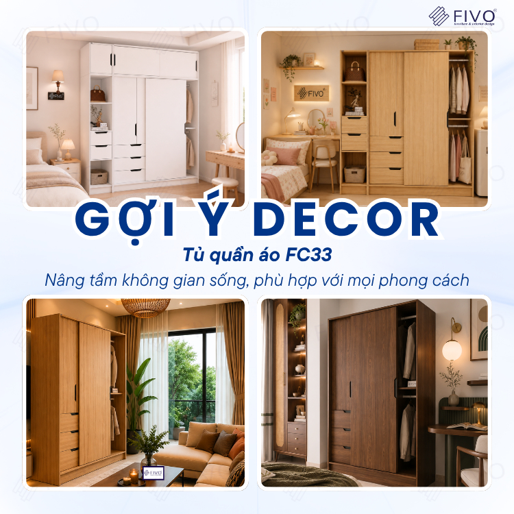Tủ Gỗ Quần Áo Cửa Lùa Cao Cấp FC33 FIVO, Gỗ Dày 17mm, Kèm Hệ Kệ Trang Trí Sâu 60cm, Freeship+Free lắp đặt, Trả Góp 0%