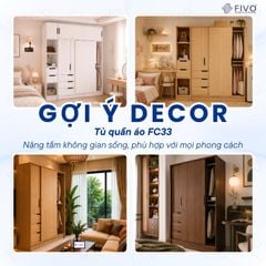 Tủ Gỗ Quần Áo Cửa Lùa Cao Cấp FC33 FIVO, Gỗ Dày 17mm, Kèm Hệ Kệ Trang Trí Sâu 60cm, Freeship+Free lắp đặt, Trả Góp 0%