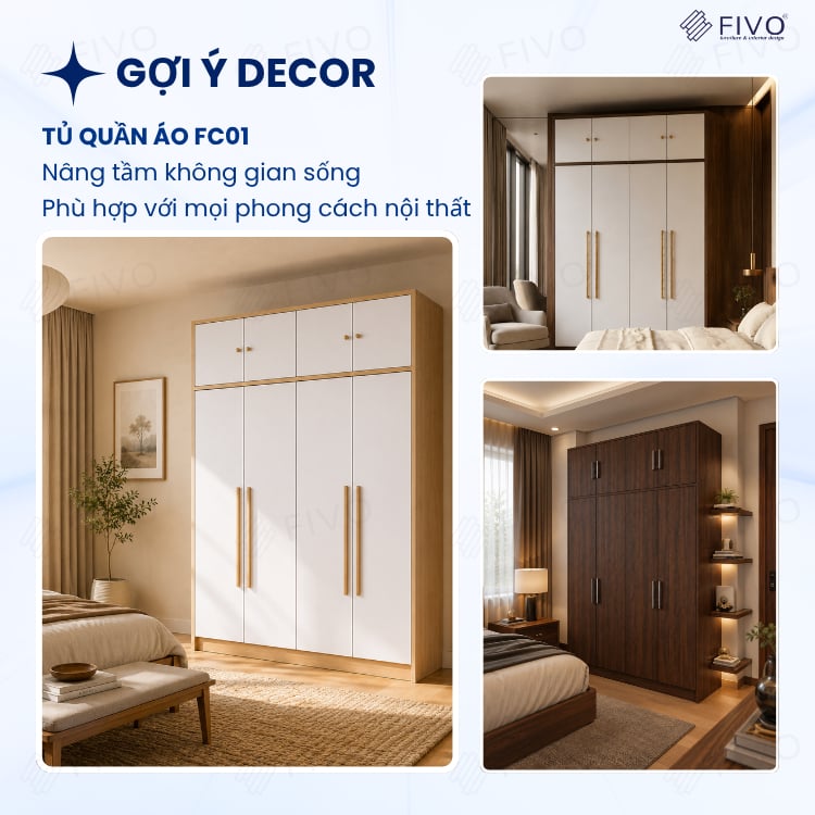 Tủ Đựng Quần Áo Gỗ Cao Cấp Đa Năng FC01 FIVO, Dày 17MM Với Độ Sâu 60cm, Freeship + Free lắp đặt, Trả Góp 0%
