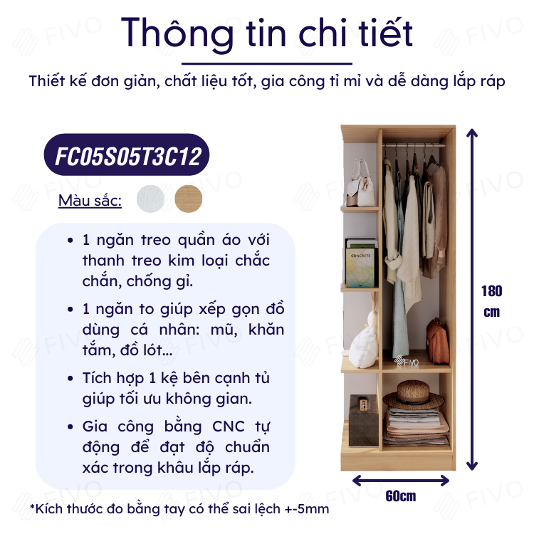 Tủ Quần Áo Gỗ Nhỏ Gọn FC06 FIVO, Tủ MDF Chống Ẩm Chia Ngăn Tiện Lợi, Phù Hợp Không Gian Nhỏ, Freeship TPHCM